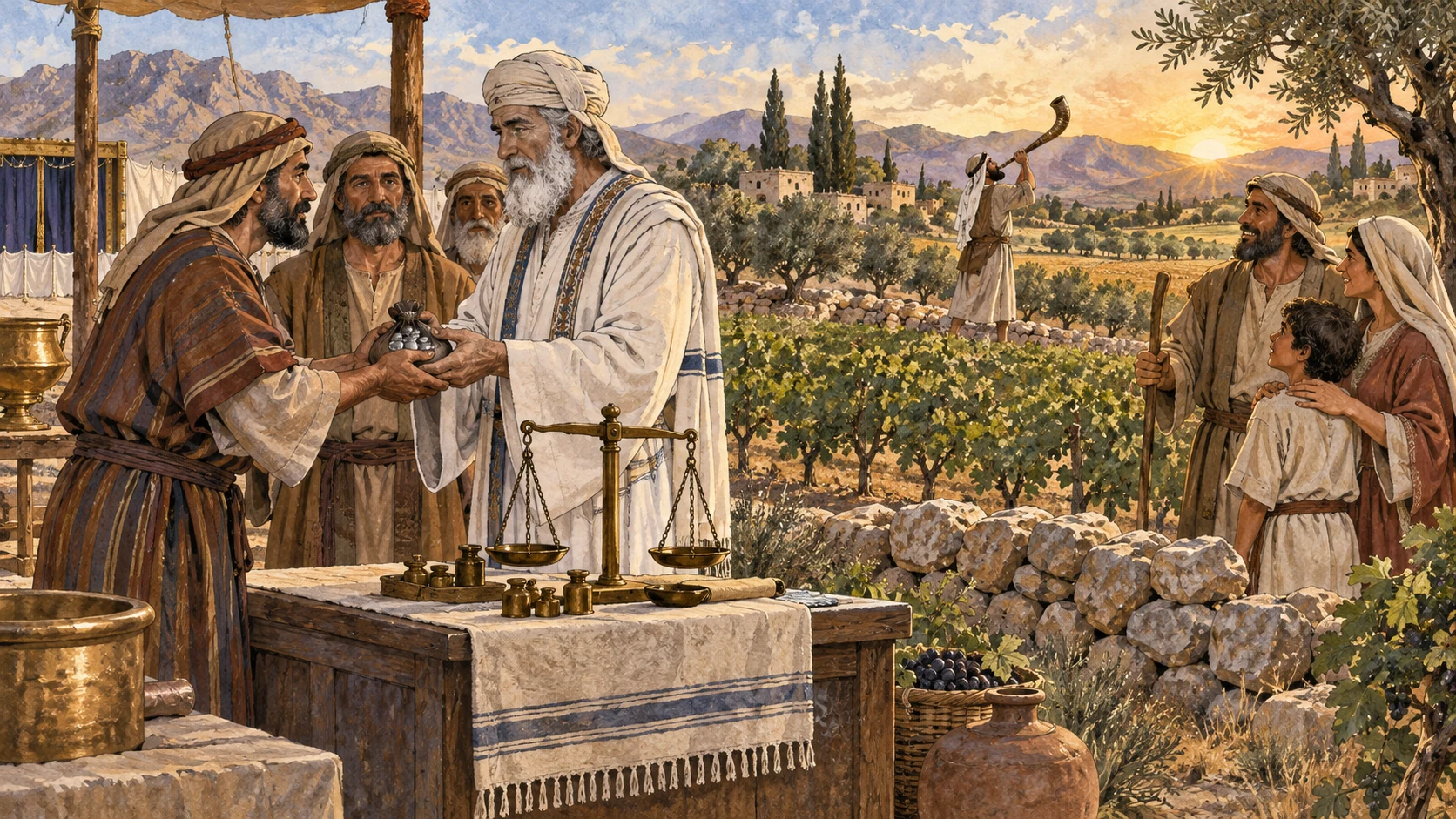 A buyer consecrates a purchased field and pays the priest the proportional value for years until Jubilee; at the trumpet, the field returns peacefully to the original landholding family. Standard sanctuary balance weights sit beside the elders. No land theft, conflict, written numerals, modern currency, survey map, or visible deity.