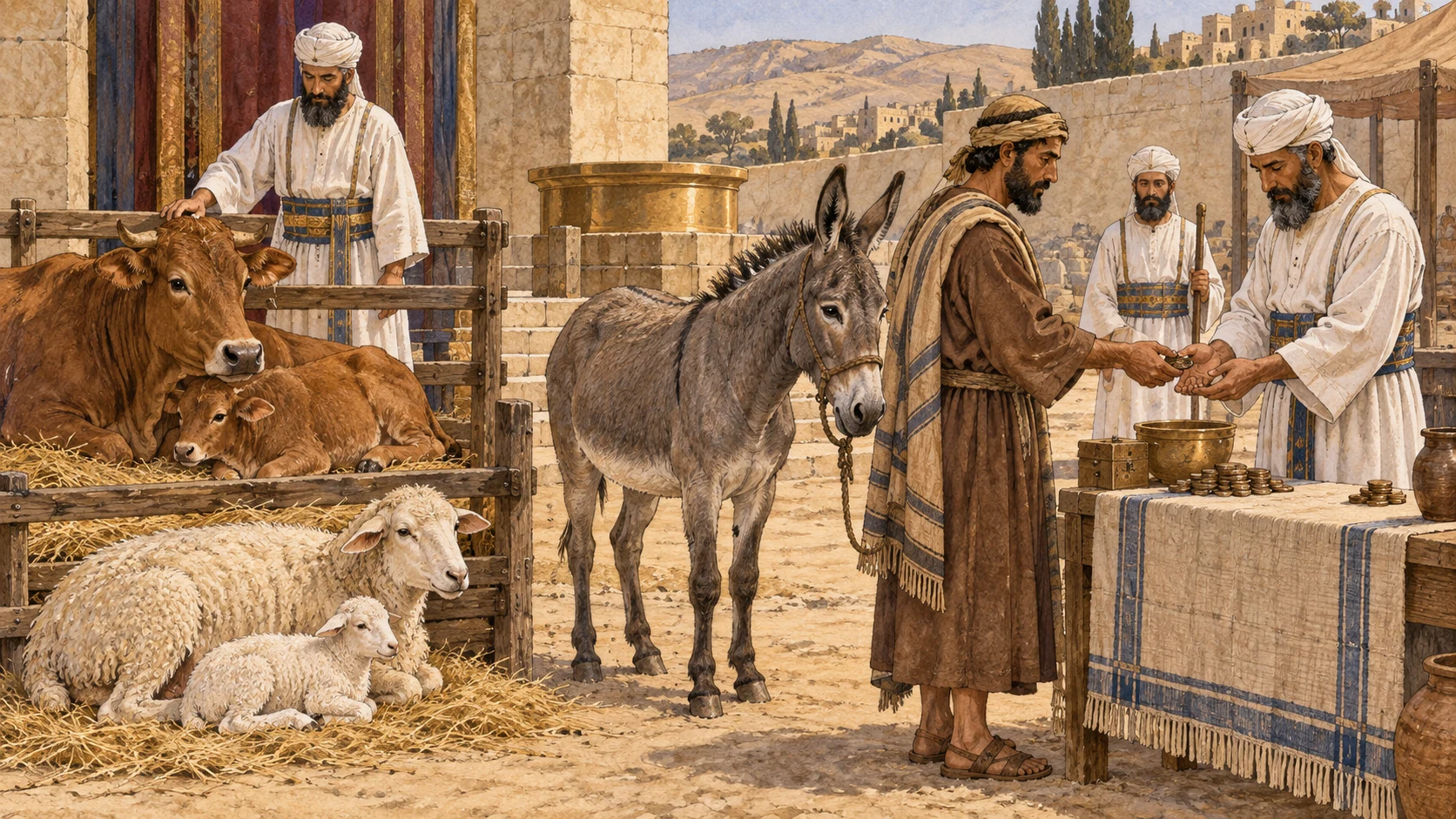 A firstborn calf and firstborn lamb rest beside their mothers under priestly care, already set apart without an additional vow. Nearby, an owner redeems one unclean firstborn donkey by paying its assessment plus a smaller fifth-share. No slaughter, animal distress, extra young, blood, branding, or visible deity.
