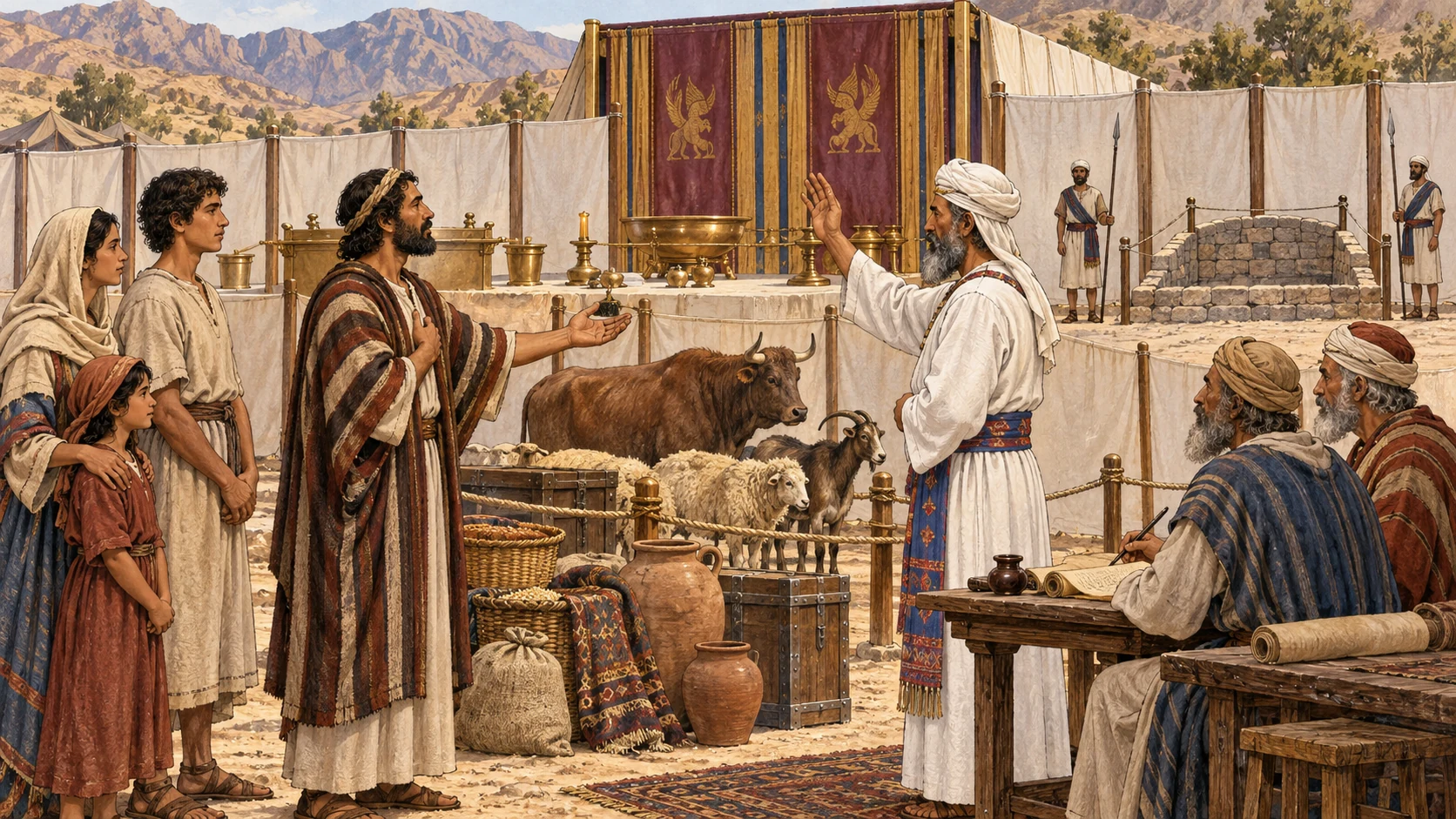 Before elders and a priest, a worshipper solemnly devotes property, livestock, and a represented adult household member under the irrevocable category, while the objects are set behind a sanctuary boundary and cannot be sold or redeemed. The grave rule concerning a condemned devoted person is acknowledged by an empty guarded place only. No human sacrifice, execution, auction, chains, coercion, blood, or visible deity.