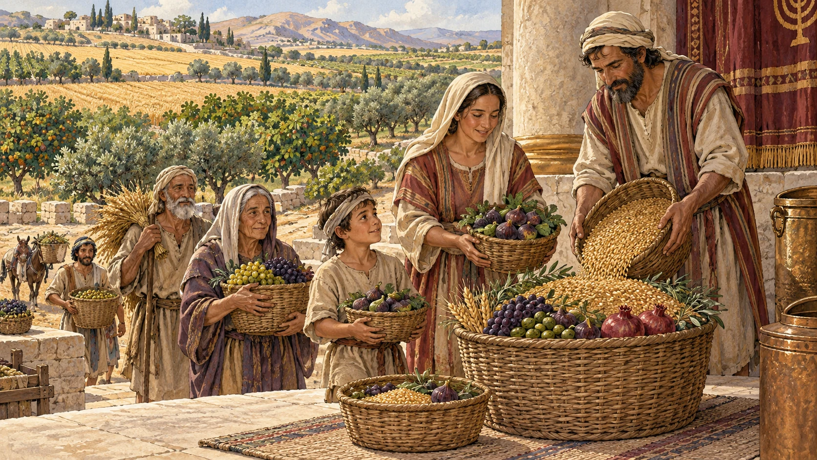Farmers bring one tenth of seed and tree fruit into sanctuary store baskets, while one household that redeems part of its tithe adds a visibly smaller fifth-share beside it. Abundant fields and orchards remain behind. No written percentages, tax enforcers, forced seizure, spoiled food, blood, or visible deity.