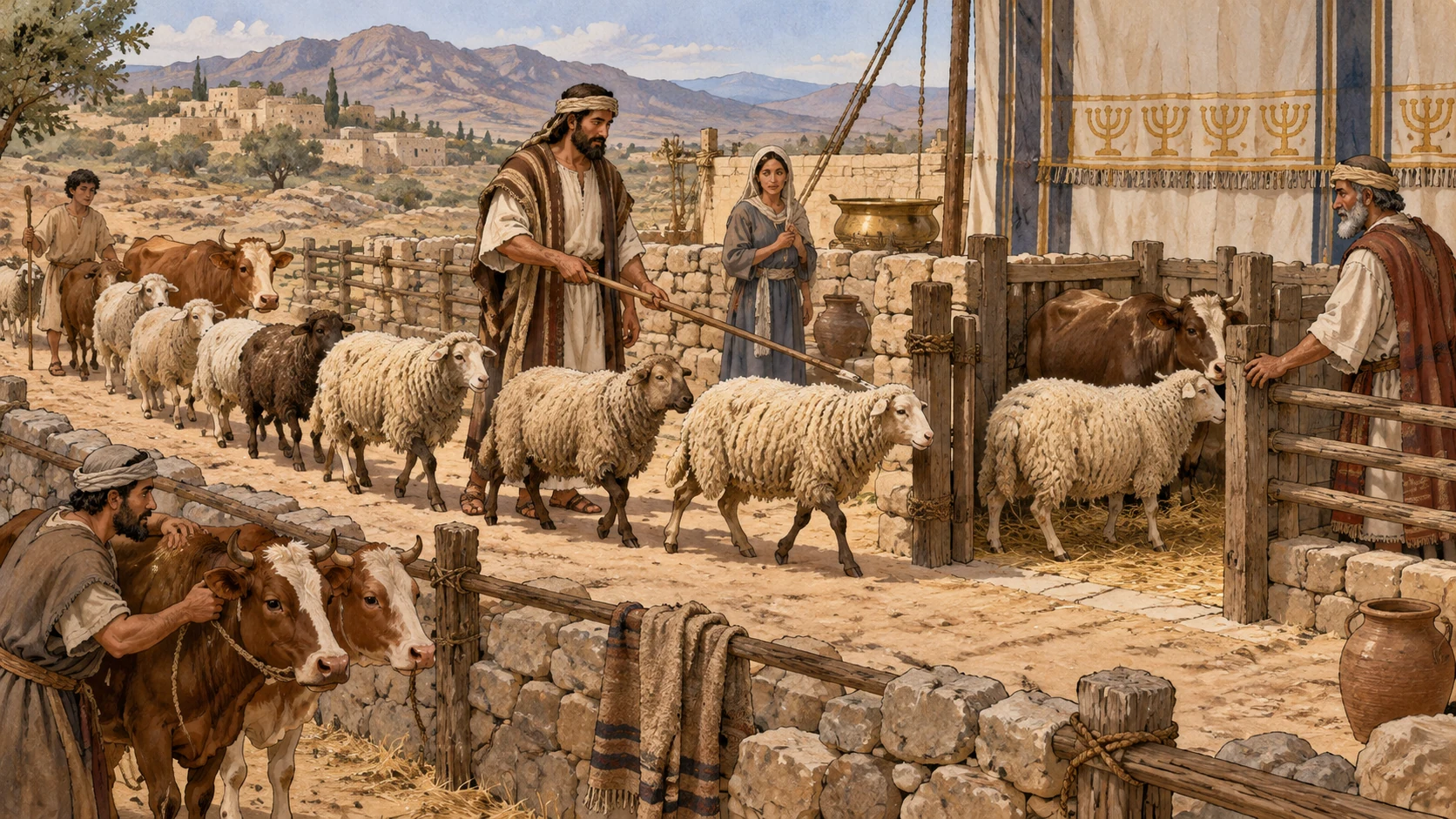 Sheep and cattle pass single-file beneath a shepherd’s rod as every tenth animal is calmly directed into a consecrated pen without inspection for better or worse. A failed substitution leaves both animals in the holy pen. Clear sequence and humane handling; no branding, injury, slaughter, blood, written numbers, or visible deity.