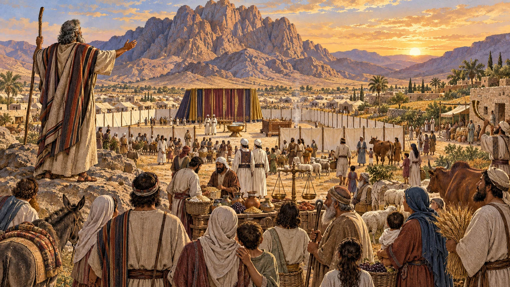 On Mount Sinai, Moses finishes delivering the commandments to the sons of Israel. Below, the sanctuary-centered community, fields, homes, families, priests, animals, scales, tithes, and Jubilee trumpet gather the book’s themes into one expansive closing panorama. No stone text, visible deity, supernatural figure, blood, punishment, or modern object.