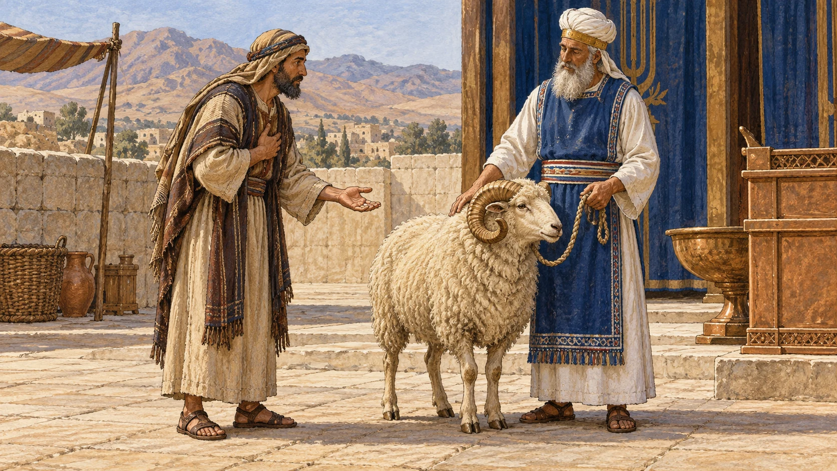 A worshipper presents one healthy offering sheep to the priest, then attempts to substitute a second animal; the priest gently marks both animals as consecrated and keeps them together. Exactly two living animals, equal care, no good-versus-bad cruelty, slaughter, blood, branding, written tags, or visible deity.