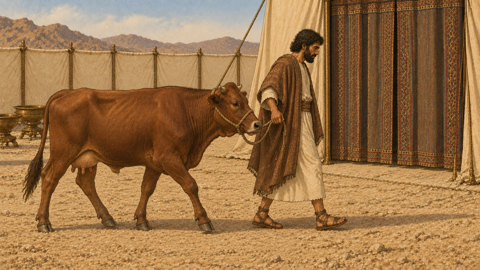 An ordinary adult Israelite in brown mantle leads one healthy unblemished female cow toward the entrance of the linen sanctuary courtyard. Cow in full side view, clearly cattle, no second animal. Offering may be male or female; show one female example. Closed woven sanctuary curtain farther behind, quiet daylight. No hand laid yet.