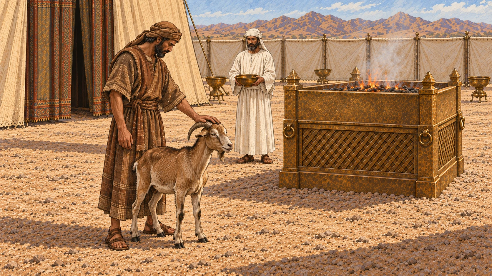 One ordinary Israelite in brown linen stands beside a healthy living goat, lean body, short coat, backward-curving horns and small beard, laying one hand upon its head near tent entrance. Plain white-linen priest and empty bronze bowl farther behind. Distinct from woolly sheep; initial phase before slaughter or blood rite.