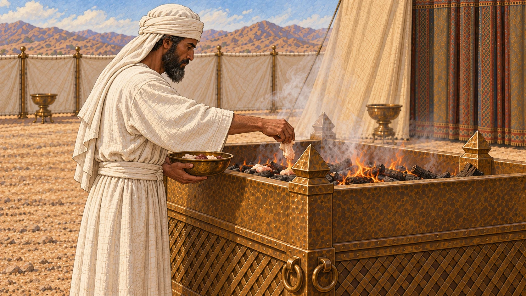 A plain white-linen priest attends prepared pale fat and small organ portions burning on wood in broad bronze altar. Portions mostly obscured by altar rim and low flames, natural smoke, no whole animal on fire, no sheep fat tail. Close profile of priest, restrained solemnity. Contextual final phase; exact text preserves specified portions.