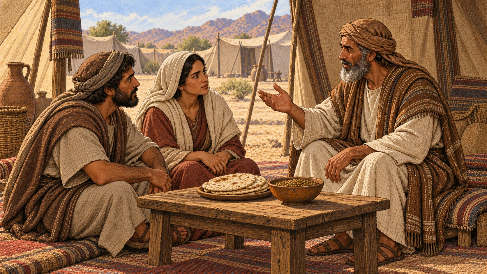 At a family tent in desert camp, an adult Israelite elder in earth-toned linen instructs two adult family members beside a simple table set with flatbread and a bowl of lentils. Open teaching hand gesture, attentive faces. No fat or blood served, no red drink resembling blood, no text or signage. Contextual illustration of the permanent household instruction, not a claim the verse prescribes this meal.