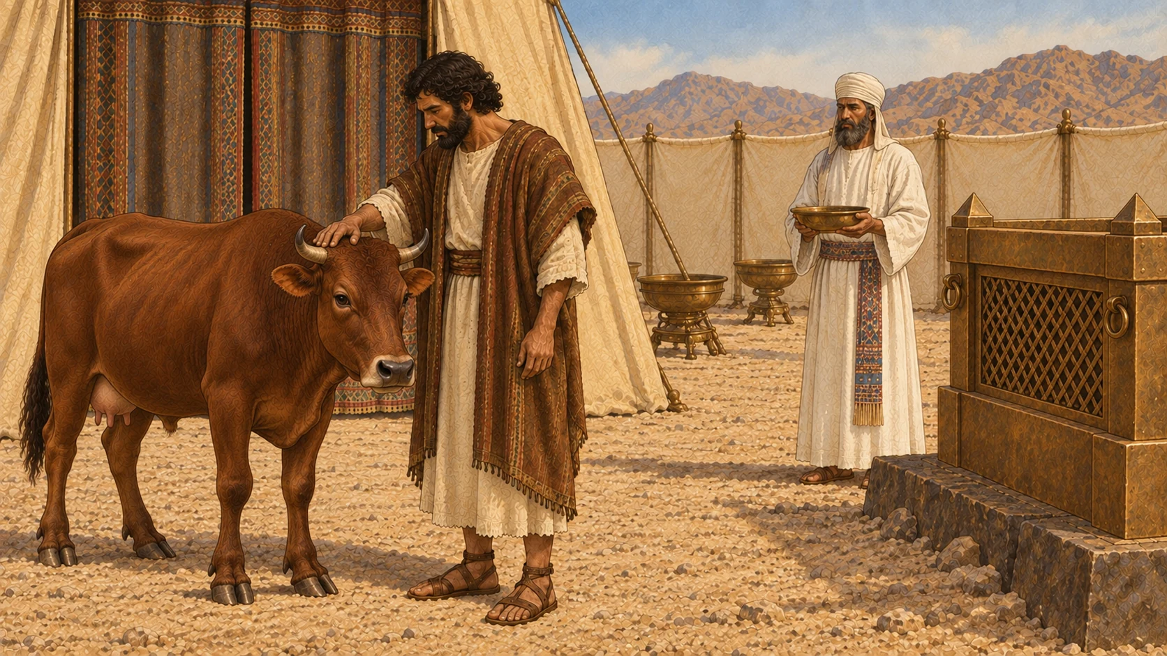Ordinary Israelite in brown mantle lays one hand on a living cow head at the tent entrance. White-linen priest stands separately near the broad bronze altar holding a shallow bronze bowl for the subsequent rite. This depicts the initial gesture before slaughter and blood presentation; no simultaneous living animal and its own blood. No Moses.
