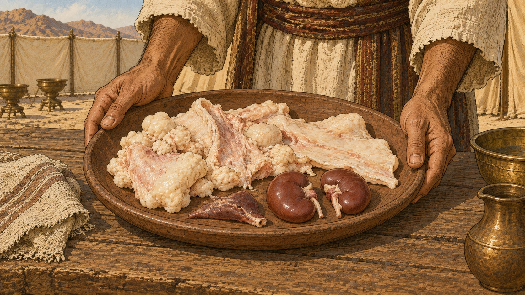 Restrained close documentary view of a plain earthen tray containing pale fat portions and exactly two small reddish-brown kidney shapes, plus a small liver appendage, already removed as prescribed. Ordinary adult linen-sleeved hands steady the tray on a rough wooden table. No body or cutting action, no gratuitous gore. Contextual preparation, anatomically plausible organic shapes, no labels.