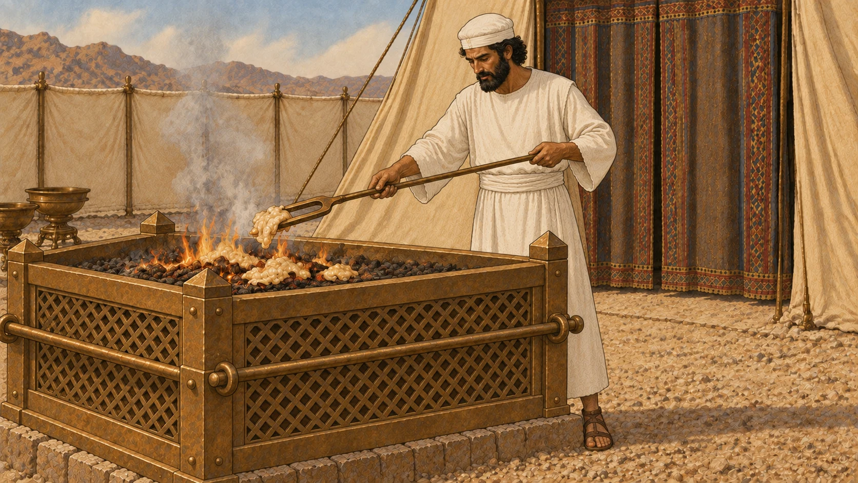 White-linen priest using long bronze fork places pale prepared sacrificial fat portions above an already burning offering on wood in the broad square bronze altar. Low flames and natural smoke, no whole animal on altar, no modern grill. Closed sanctuary curtain behind. One priest, three-quarter wide view.