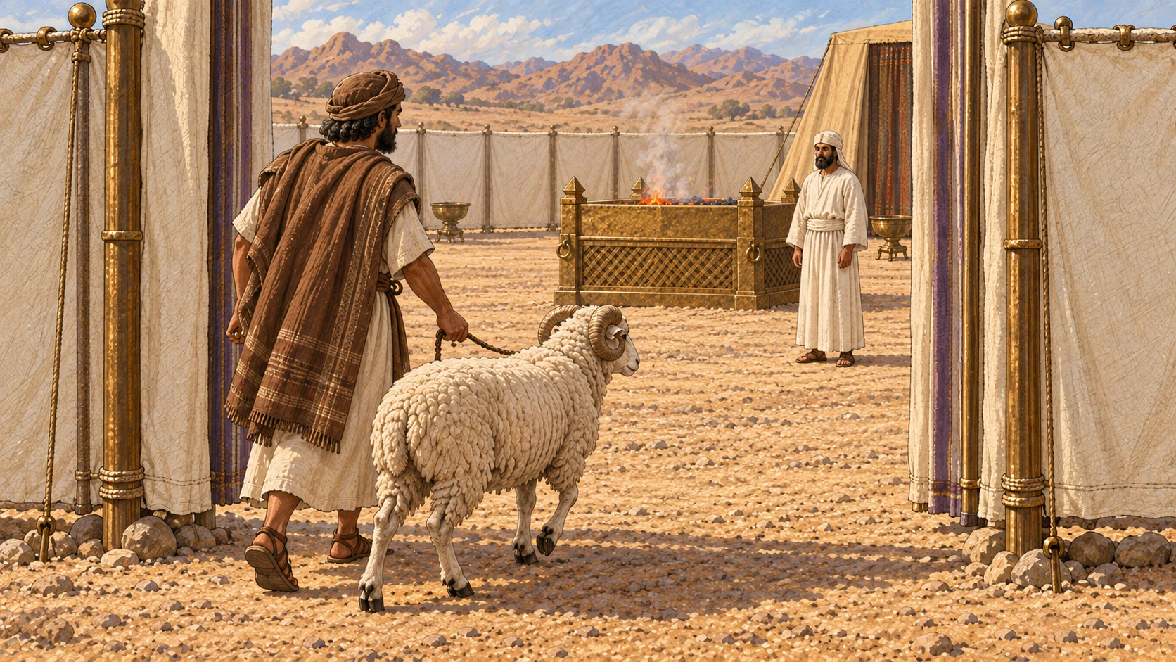 Ordinary Israelite in brown mantle brings one healthy fat-tailed sheep, fully visible in profile with broad natural tail, to linen courtyard entrance. Priest in simple white linen awaits near distant bronze altar. Calm living animal; no sacrifice yet. Sheep must be distinct from goat.