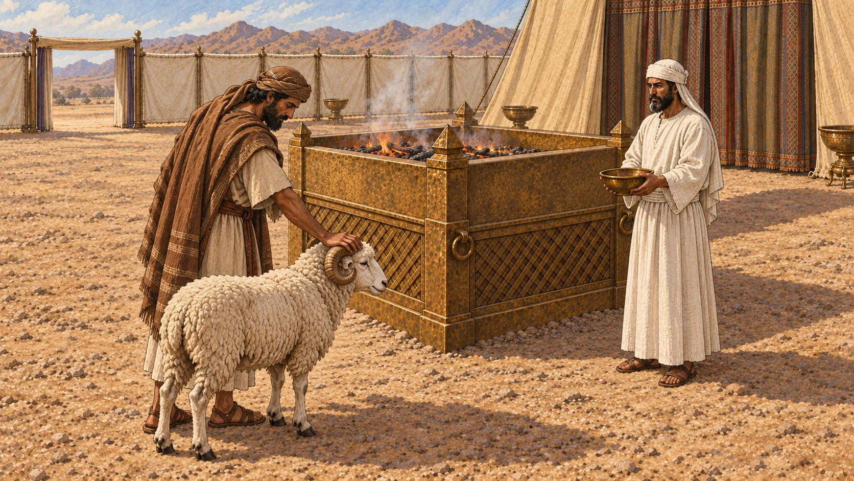 An ordinary adult worshipper in earth-toned clothes lays one hand on the head of a living woolly sheep. Tent entrance behind, plain white-linen priest waits separately holding empty bronze bowl. Contextual first phase before slaughter, no blood yet.