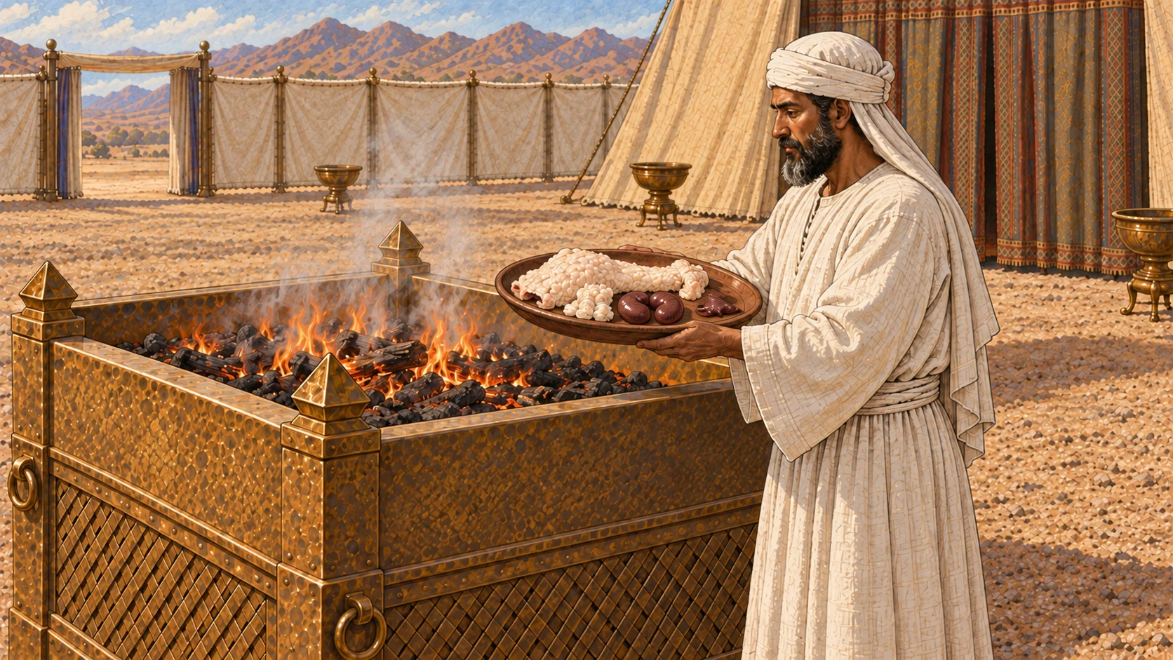 White-linen priest presents an earthen tray holding prepared pale fat portions, a whole broad sheep fat tail, exactly two kidney shapes and a small liver appendage beside the bronze altar fire. Already prepared portions, no cutting or body; no whole living sheep. Restrained documentary detail. Ritual preparation before burning, not every step simultaneous.