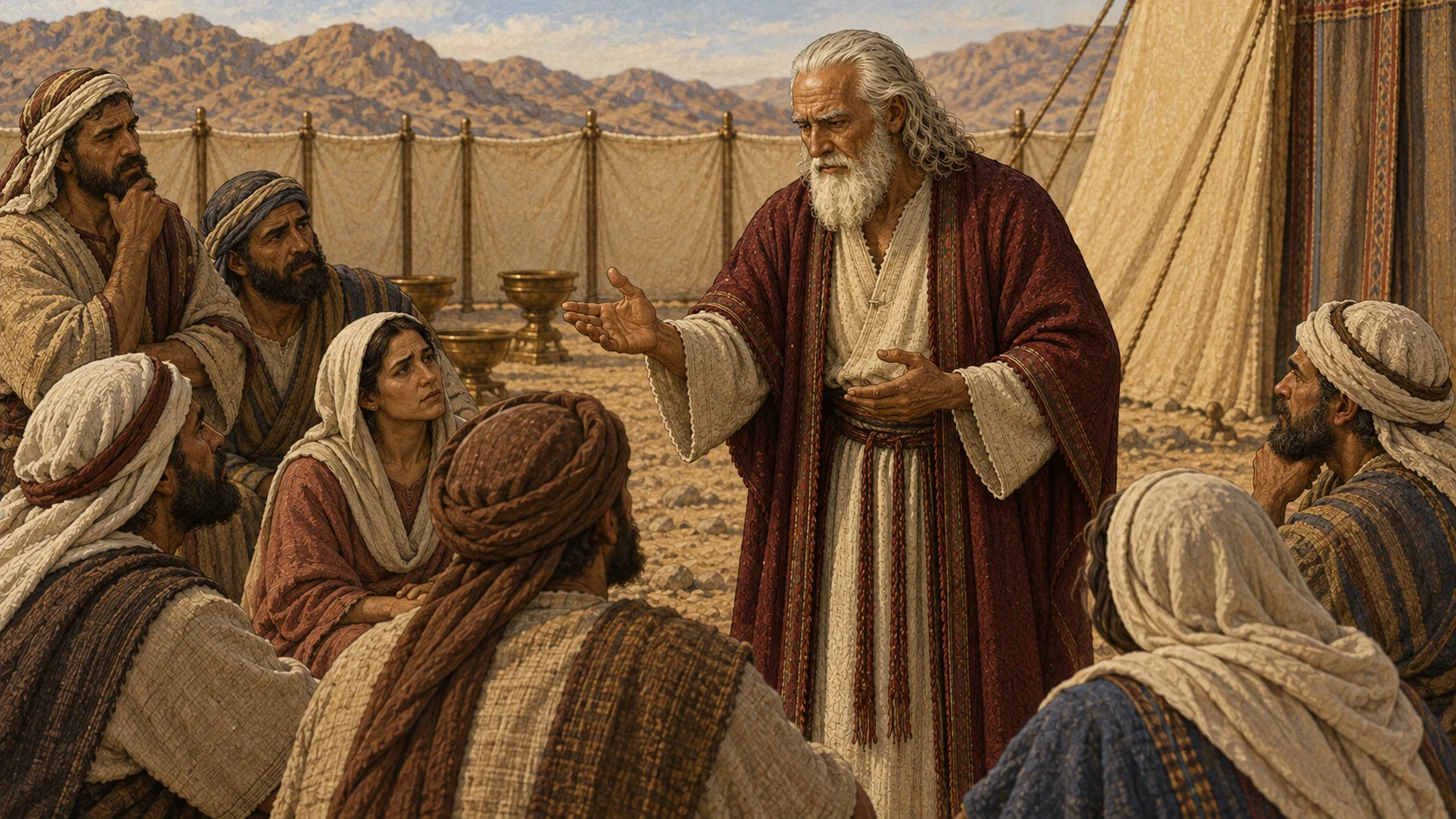 Moses, identifiable by long white hair and beard, cream robe and burgundy mantle, teaches a small attentive gathering of adult Israelites outside the linen sanctuary courtyard. His open hand indicates sober instruction; listeners show concern rather than panic. No tablets, writing, altar rite, visible deity or supernatural figure.