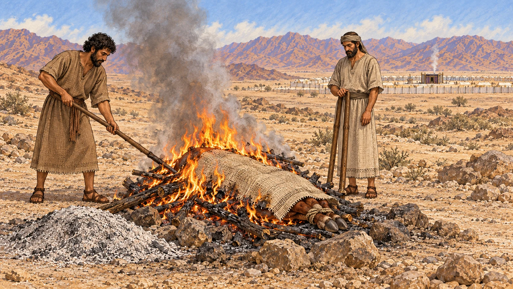At a clean ash dump well outside the distant Israelite camp, two ordinary linen-clad men tend a wood fire consuming the covered remains of the bull. The remains are mostly hidden beneath a plain woven carrying cloth and low flames; a hide edge and bundled legs establish the prescribed disposal without exposed gore. Camp tents appear far away.