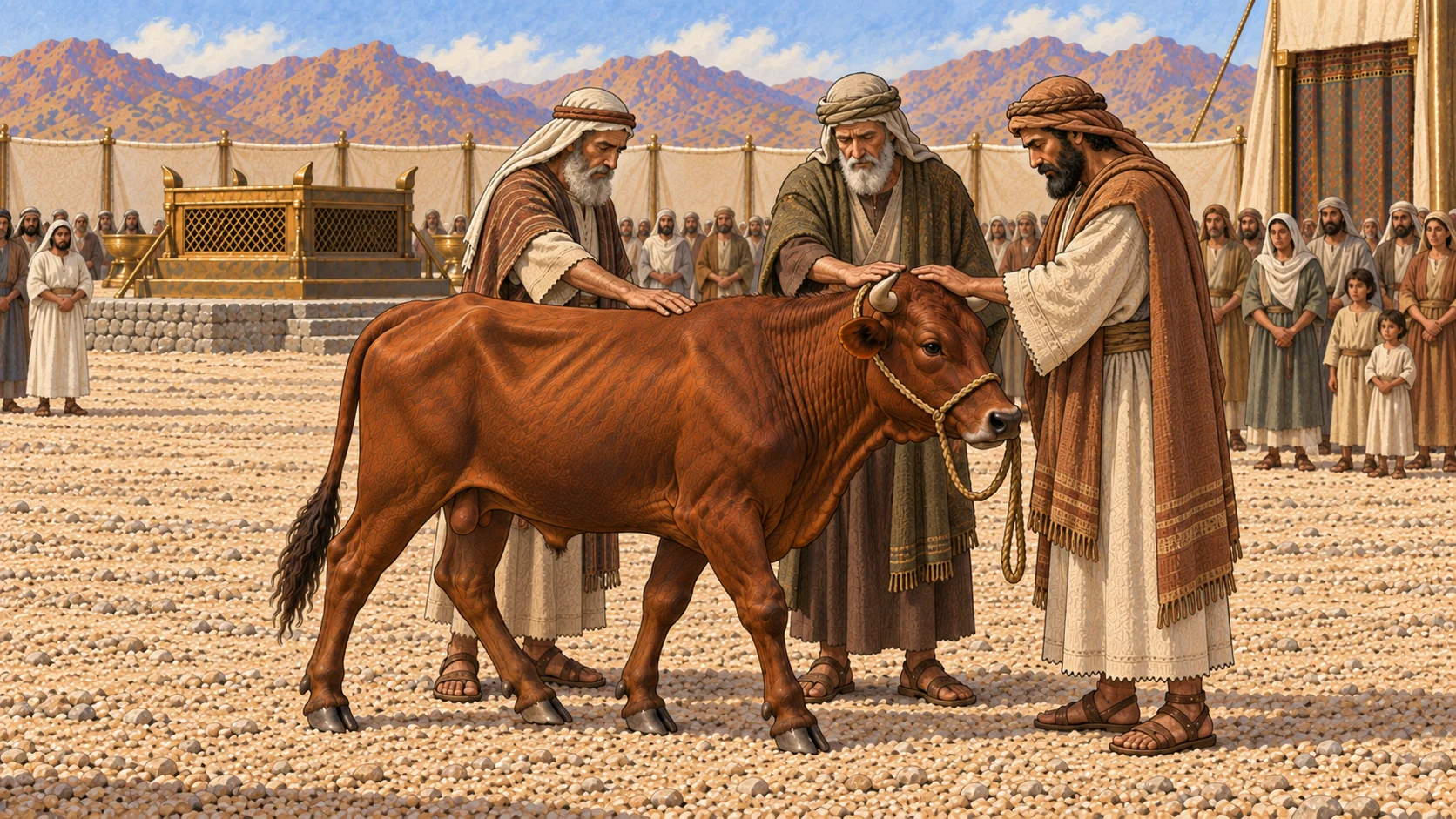 Several elders of Israel, dignified but plainly dressed, gather around one living unblemished young bull before the tent of meeting. Three elders visibly rest their hands on its head and shoulders on behalf of the larger congregation waiting behind them. No slaughter or blood yet; no exact population claim.
