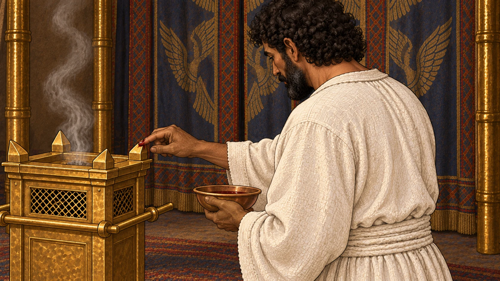 Inside the tent, the anointed priest applies a small amount of sacrificial blood with one finger to a corner projection of the golden incense altar. A shallow bronze bowl is held in his other hand; the closed inner curtain stands behind. Restrained documentary detail, no animal body. The exact text preserves the seven sprinklings and later pouring at the outer altar.