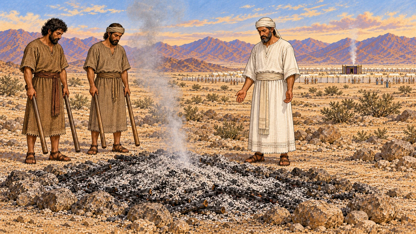Outside the camp at the established clean ash dump, a white-linen priest watches a controlled wood fire and rising smoke while two attendants stand nearby with empty carrying poles. The distant ordered camp and sanctuary are visible beyond. The scene emphasizes completed disposal and communal solemnity; no exposed carcass, no gore.