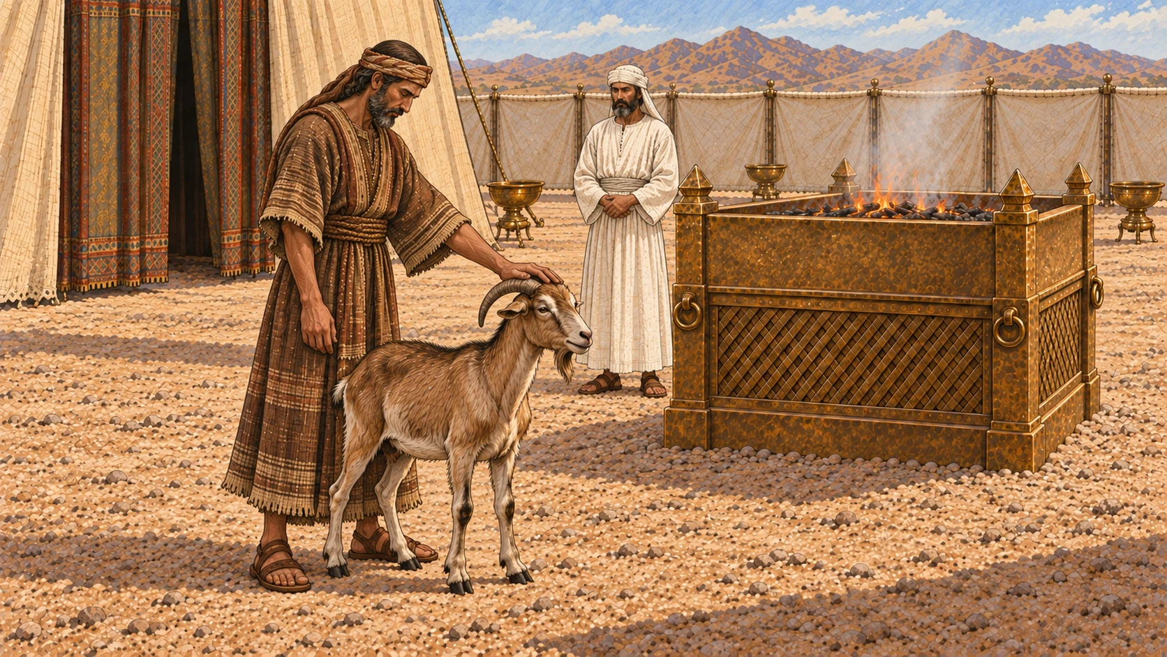 An Israelite community leader in a finely woven but restrained brown mantle lays one hand on the head of a healthy living male goat before the broad bronze altar. The goat is lean, short-coated, bearded, and horned; a plain white-linen priest waits separately. Initial phase before slaughter; no blood.