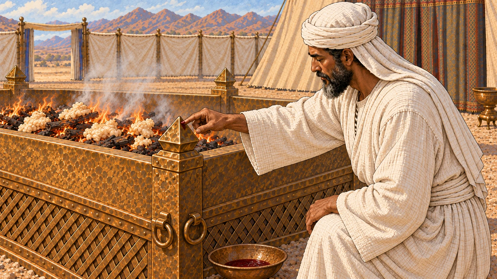 Close three-quarter view at the broad bronze lattice altar: a white-linen priest touches one modest dark red mark onto a pyramidal corner projection with his finger while prepared pale fat portions burn on wood behind the rim. A shallow bowl rests at the altar base. No animal body, no pouring action, restrained blood detail.