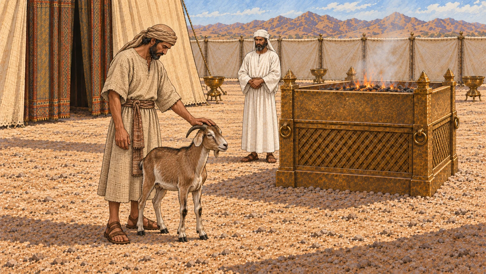 An ordinary adult Israelite in simple undyed linen lays one hand on the head of a healthy living female goat before the tent of meeting. The goat is lean and short-coated with small backward-curving horns and no male anatomy. A plain white-linen priest stands separately near the bronze altar. No blood or slaughter shown.