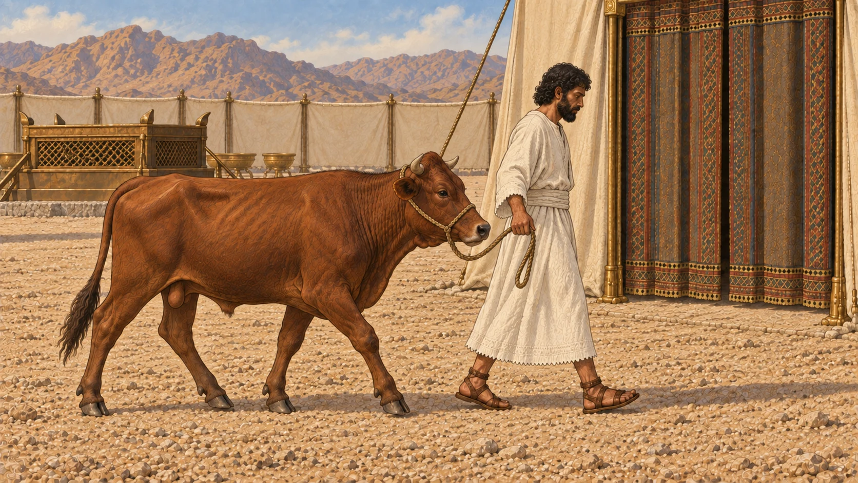 The anointed priest in plain white linen leads one healthy unblemished young bull toward the entrance of the tent of meeting. He is solemn and clearly distinct from Moses. The bull is alive, calm, fully visible in side profile; no hand laid yet, no blood.