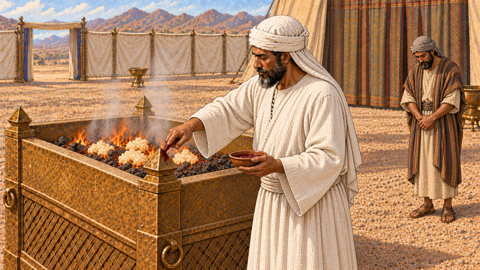 At the established bronze lattice altar, a plain white-linen priest applies a small dark red mark to one corner projection while low flames consume prepared pale fat portions. The ordinary worshipper stands back with relieved, humbled posture. No animal body or gore; one cohesive final altar phase.