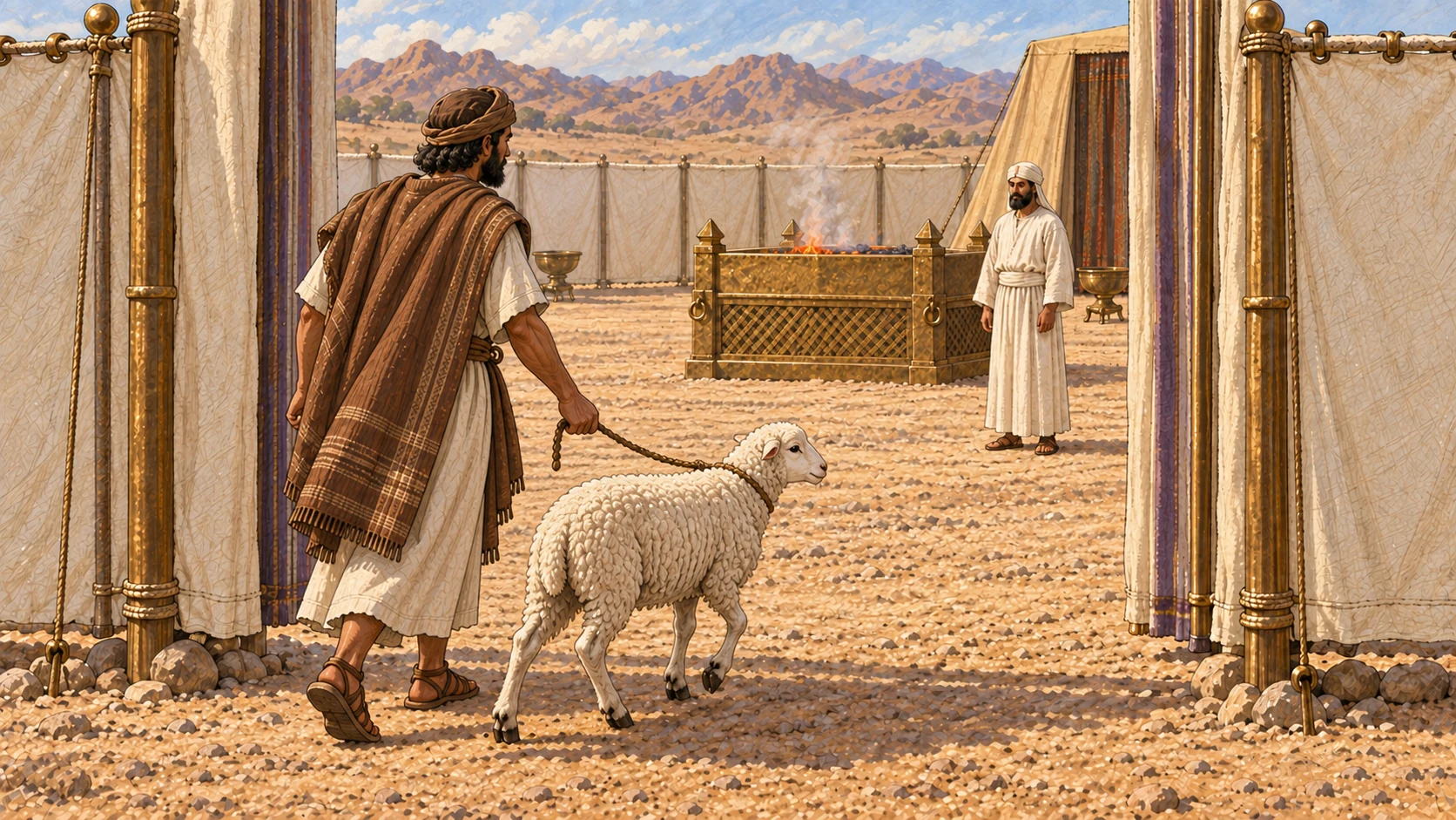 An ordinary Israelite gently leads one healthy unblemished female lamb toward the sanctuary courtyard. The young sheep is woolly, hornless, and fully visible in profile, clearly distinct from a goat. A white-linen priest and broad bronze altar wait in the distance; no hand laid yet.