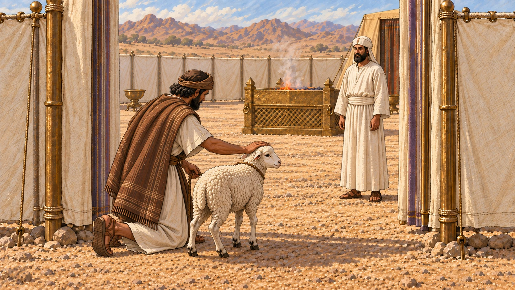 The ordinary worshipper kneels beside the same living female lamb and lays one hand softly on its head at the place of offering. A plain white-linen priest waits separately. The lamb remains calm and intact; initial phase before slaughter, with no knife, blood, or simultaneous later rite.