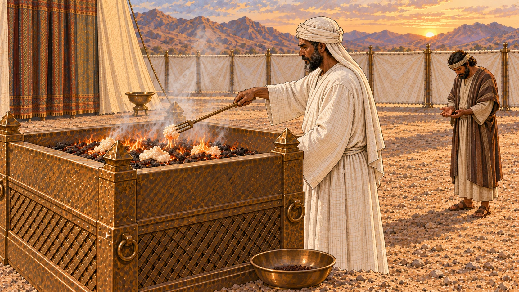 A plain white-linen priest tends prepared pale fat portions burning over wood on the broad bronze lattice altar. The ordinary worshipper stands several paces away with head bowed and hands open in quiet relief. A shallow bronze bowl rests at the altar base, with only a restrained dark trace. No animal body, no visible deity; warm late-afternoon light closes the chapter.
