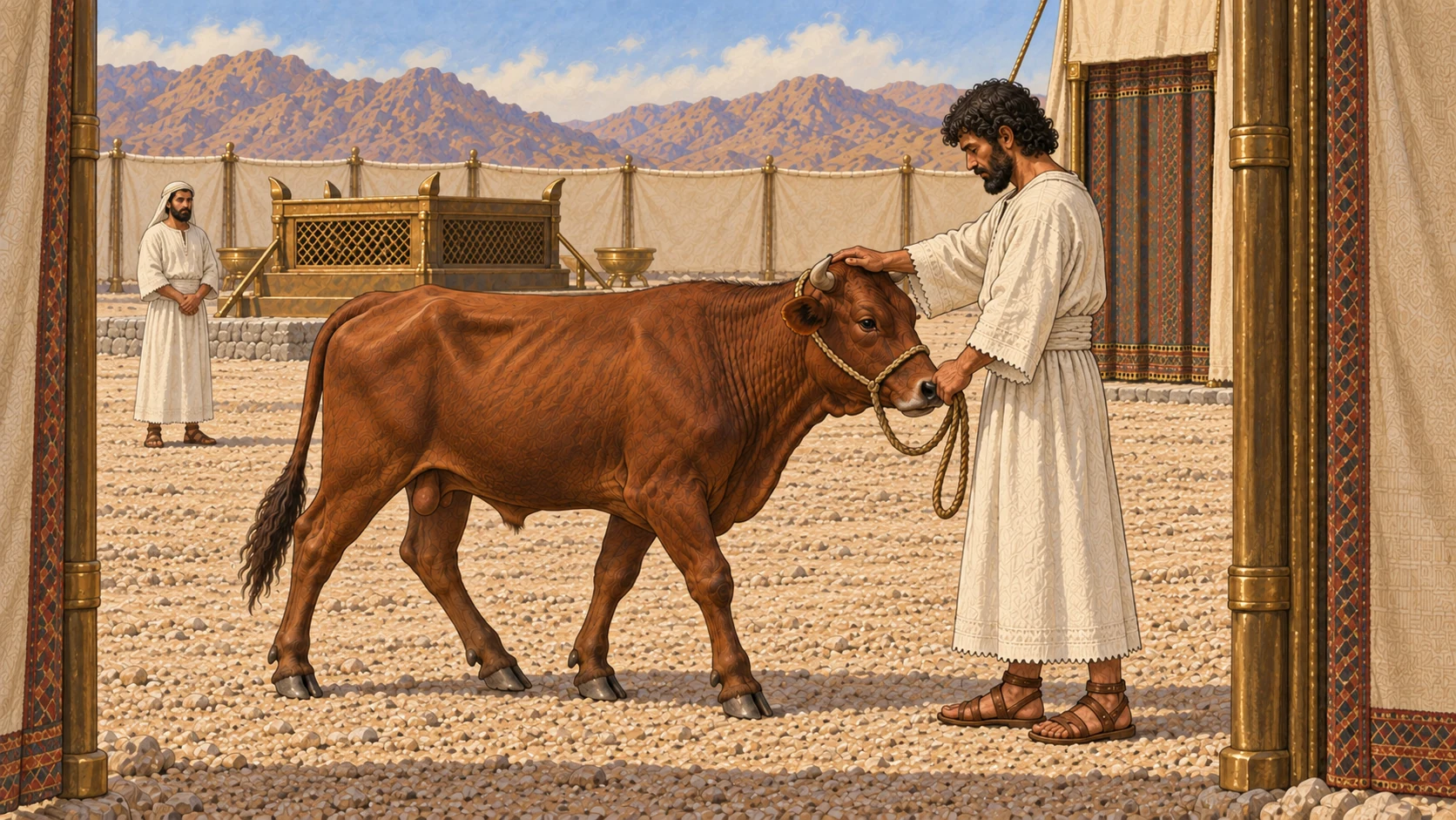 At the courtyard entrance, the anointed priest in white linen lays one hand on the head of the same living young bull. A second white-linen priest waits at a respectful distance near the established broad bronze lattice altar. Initial phase before slaughter; no blood or cutting shown.