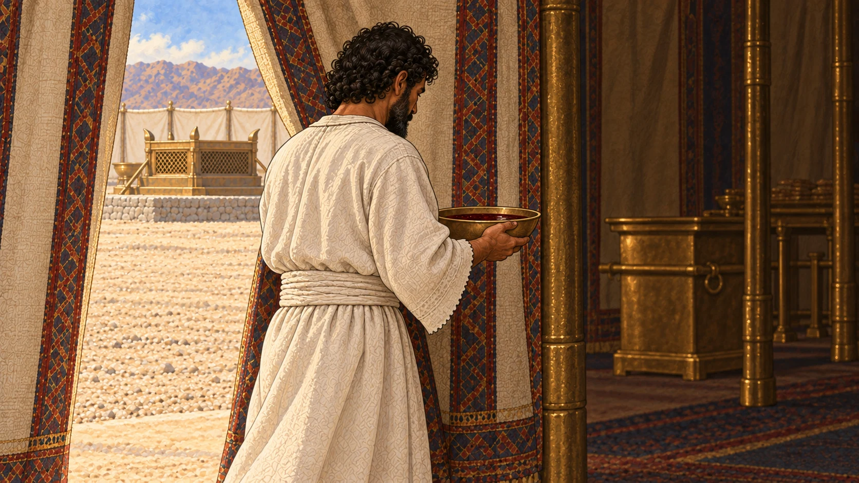 The anointed priest carries a shallow bronze bowl containing a restrained amount of dark red sacrificial blood through the woven entrance curtain of the tent of meeting. Seen from behind and three-quarter profile, with the outdoor bronze altar distant beyond the doorway. No animal body, no spilling, no gratuitous gore.