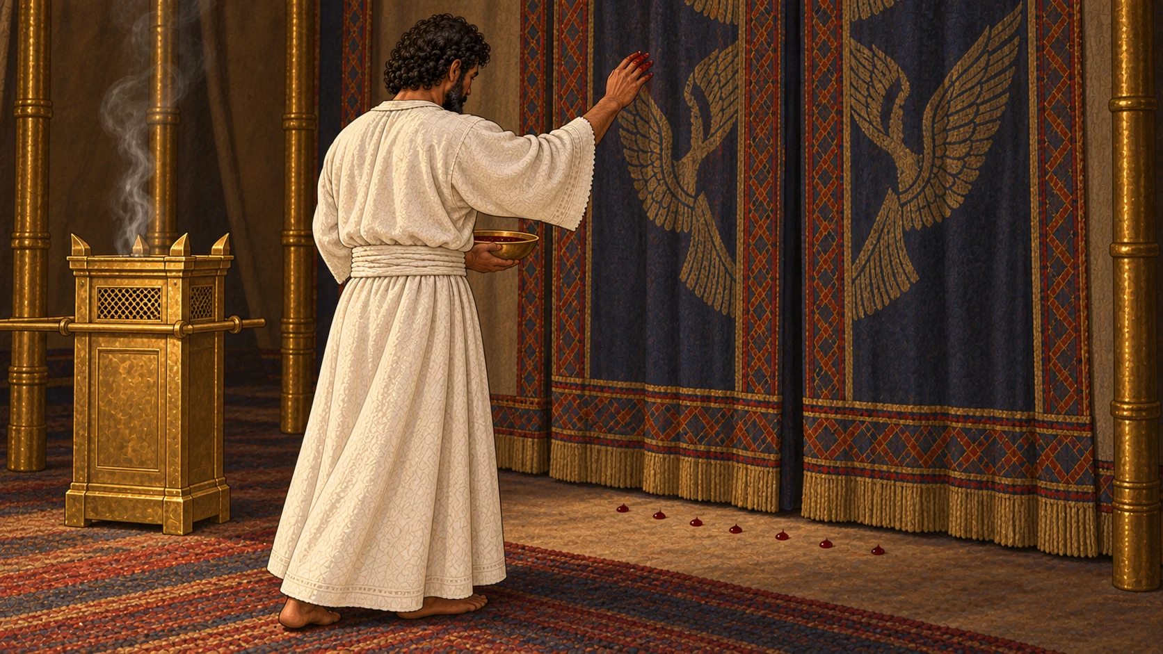 Inside the tent of meeting, the anointed priest stands before the closed inner sanctuary curtain with a shallow bronze bowl. One hand is lifted after a restrained ritual sprinkling; seven small dark red droplets are visible on the ground and lower curtain area. The small golden incense altar stands nearby with modest pyramidal corner projections. One cohesive inner-sanctuary moment; the exact text also records the subsequent outer-altar pouring.