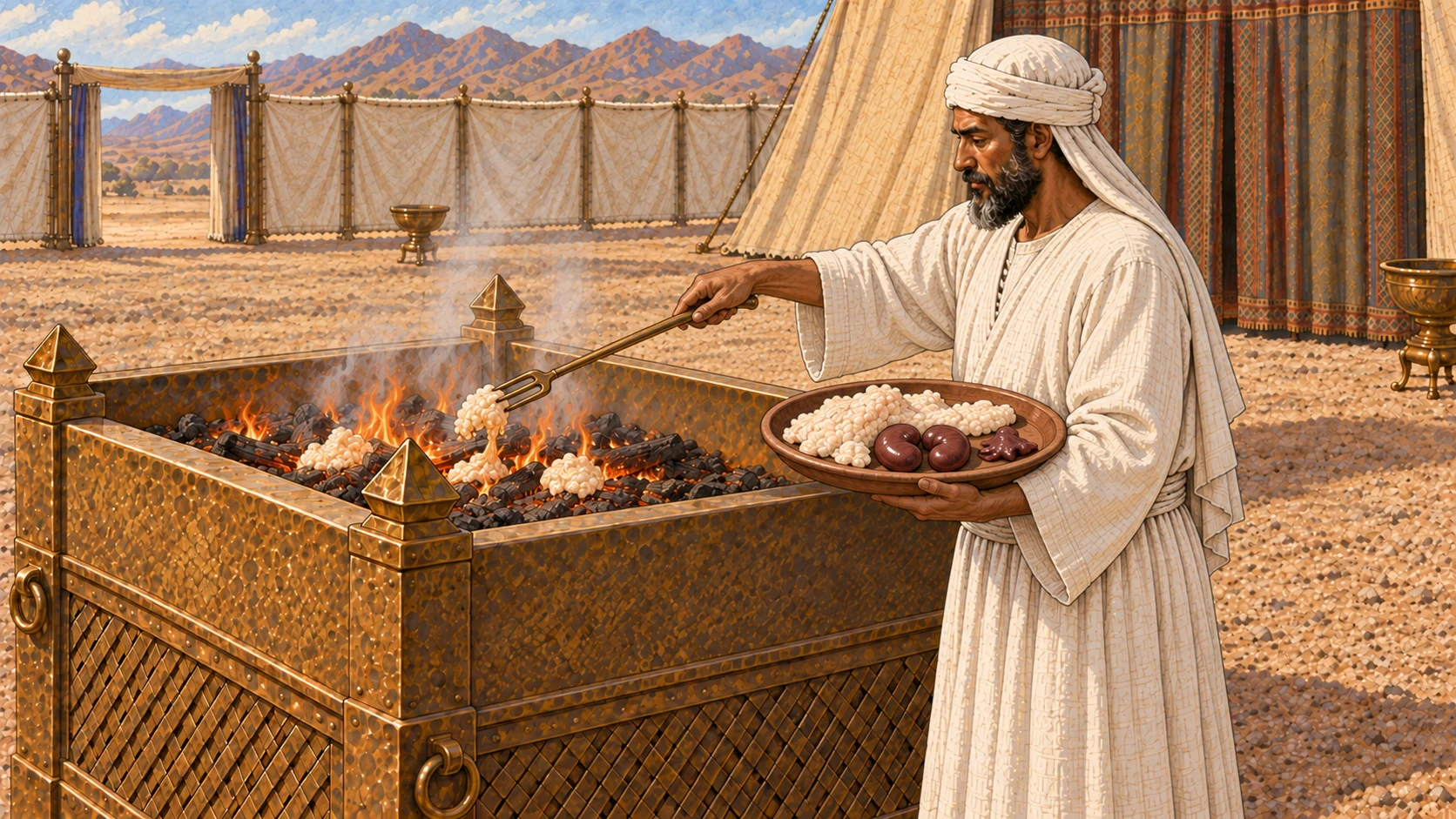 At the established broad bronze lattice altar, a plain white-linen priest uses a long bronze fork to place prepared pale fat portions from a tray onto low flames. Exactly two kidney-shaped organs and one small flatter liver appendage remain visible on the tray. No bull body, no cutting action, no whole animal on fire.