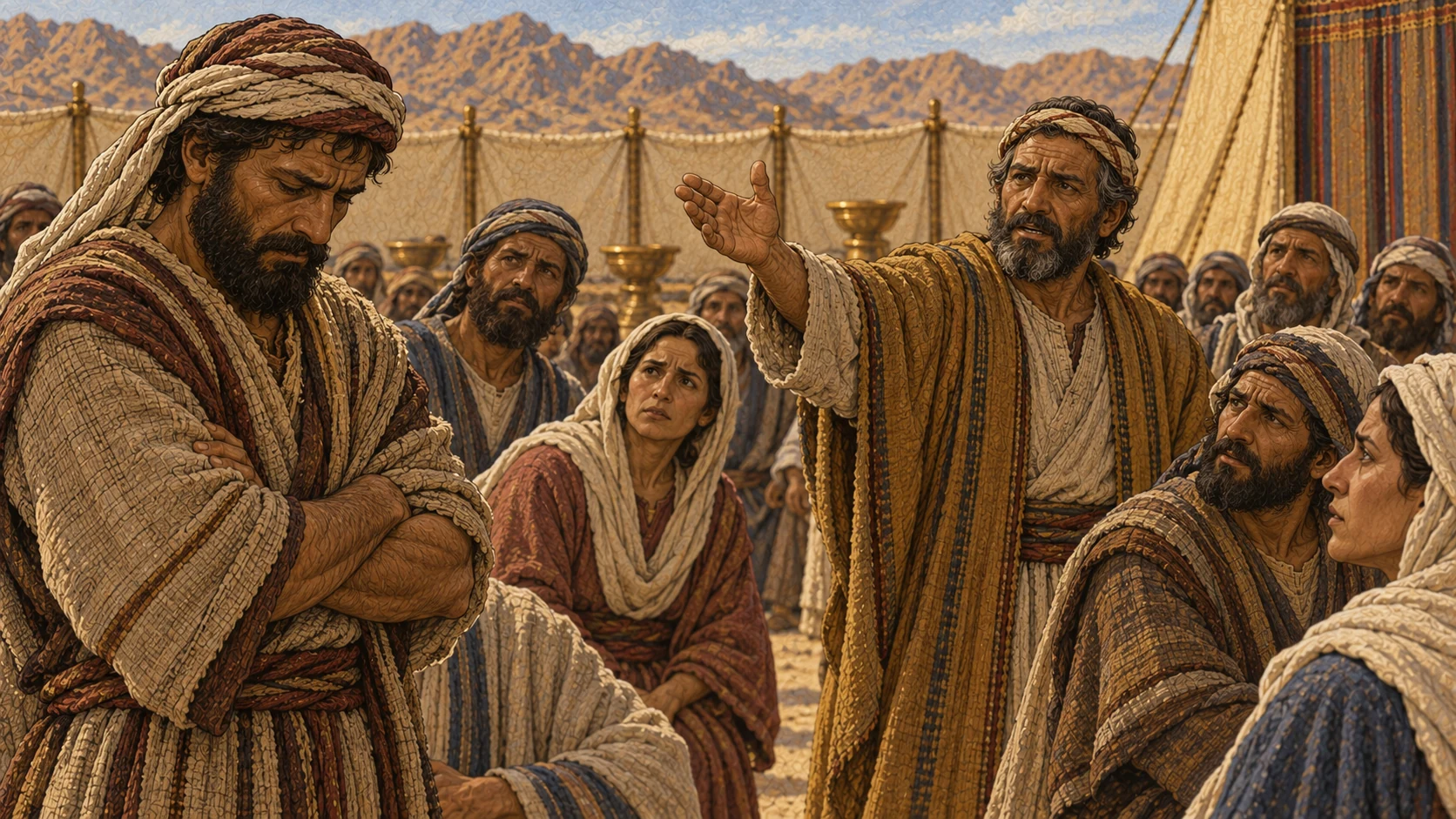 At the edge of a solemn public assembly, an adult Israelite who knows the disputed event stands tense and silent while an elder raises an open hand to call for witnesses. Nearby faces turn expectantly toward him; his lowered eyes and closed posture convey withheld testimony. No courtroom furniture, writing, supernatural figure, or violence.