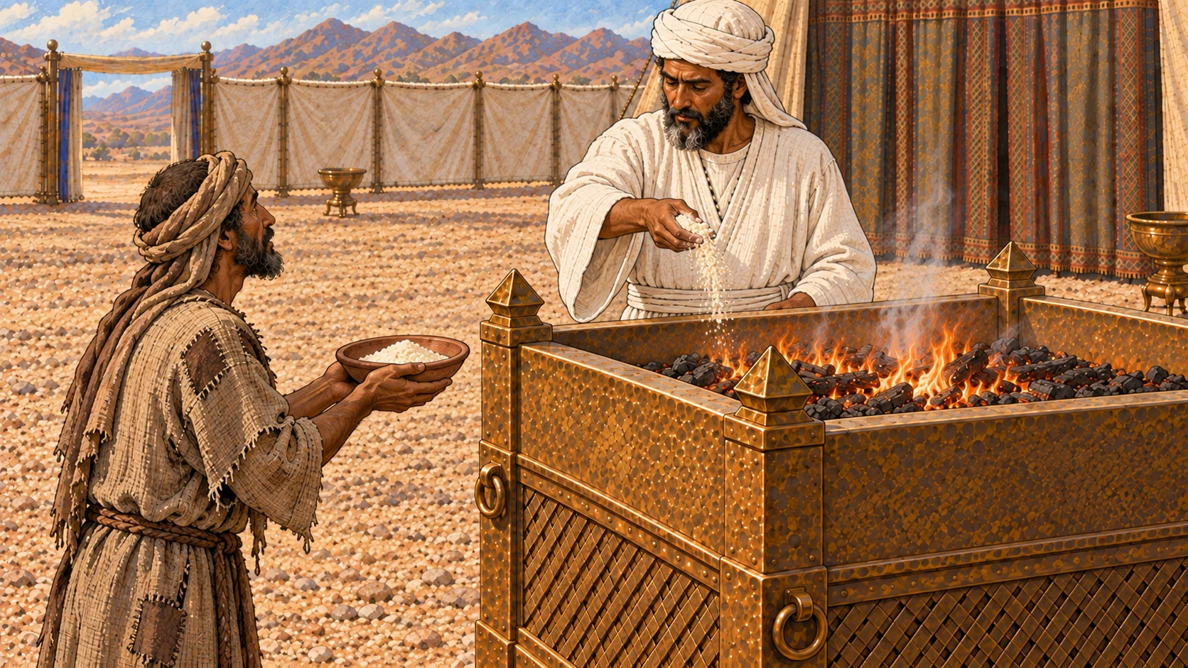 A very poor worshipper offers a small measured bowl of fine white flour with no oil flask and no frankincense nearby. At the bronze altar, a white-linen priest lifts one memorial handful toward the low flame while the remaining flour stays in the bowl for priestly use. No animal, fruit, incense, poured oil, blood, or excessive food.
