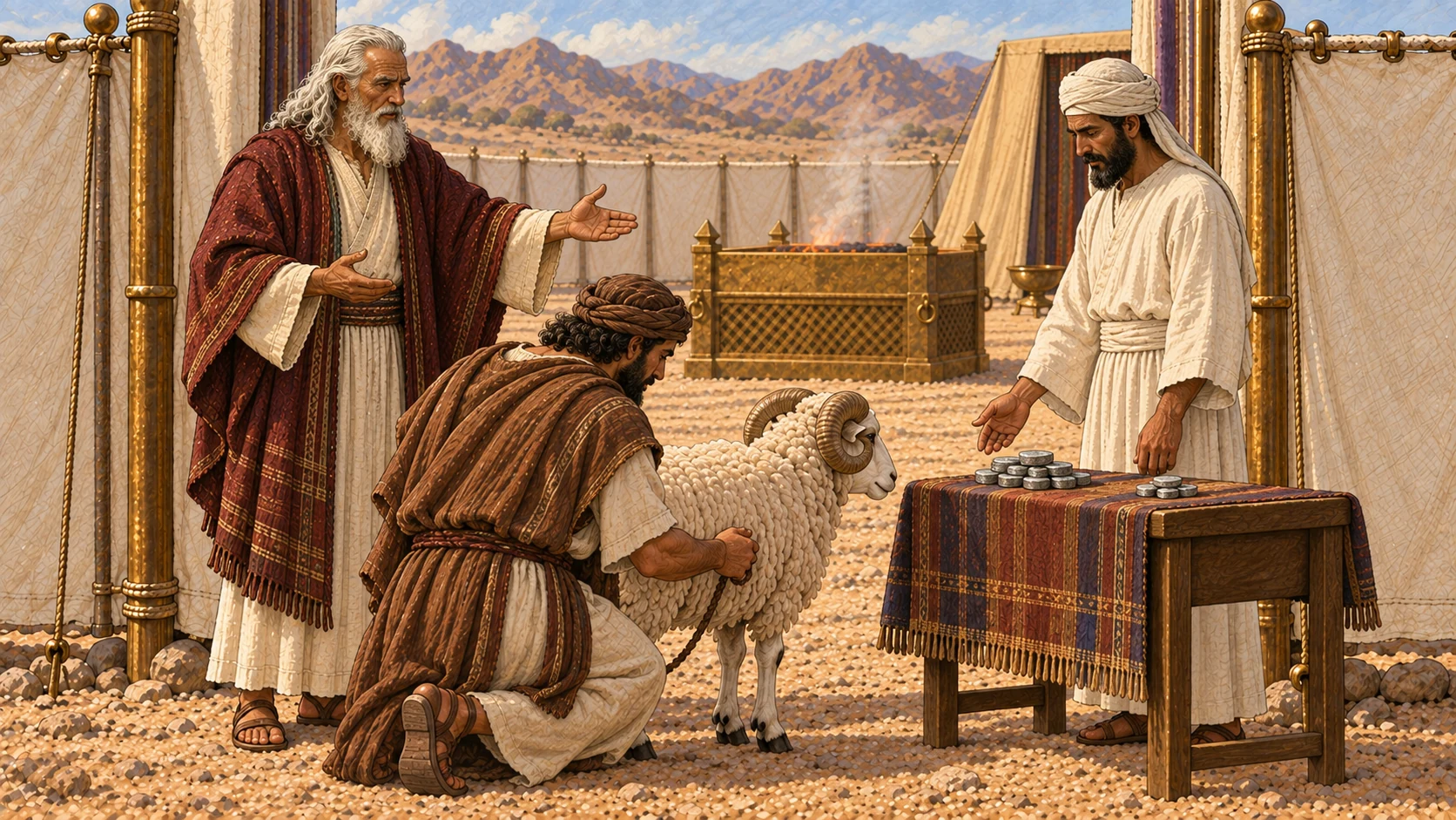 Moses in cream robe and burgundy mantle instructs as a remorseful Israelite presents an unblemished horned ram and a carefully counted group of silver pieces to a white-linen priest at the sanctuary gate. A smaller fifth-share of silver is visibly set beside the main restitution amount. No scales with modern markings, writing, blood, or altar action.