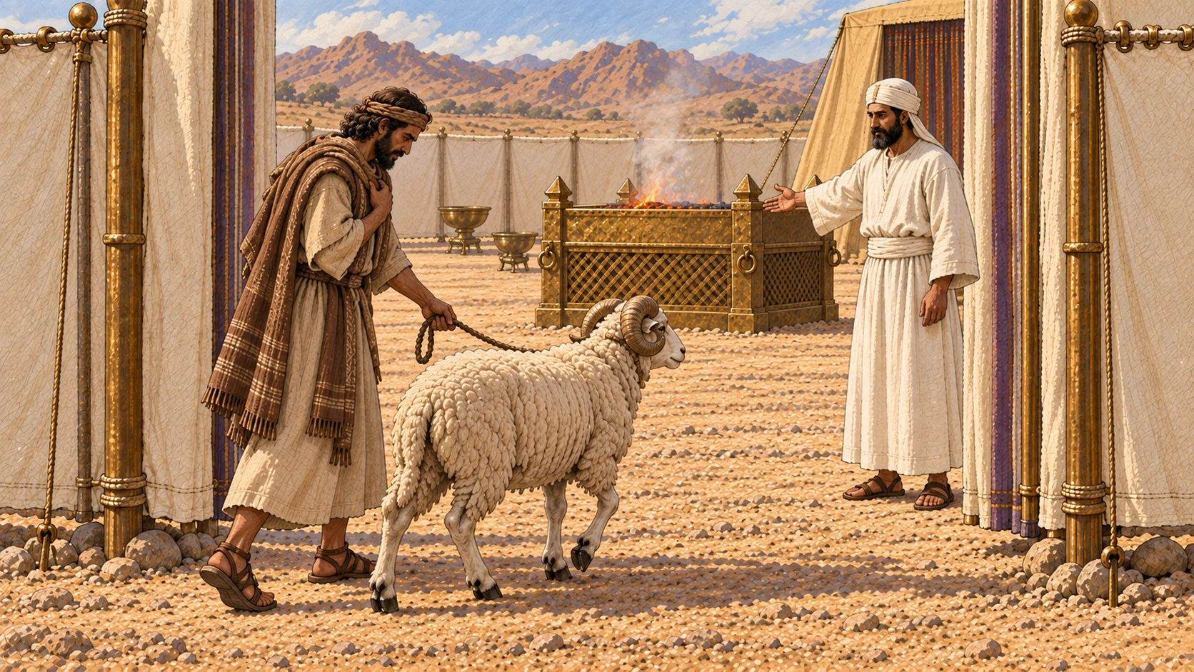 An Israelite who has only now understood an unintended offense leads one healthy unblemished horned ram to a waiting white-linen priest before the sanctuary. His face shows troubled realization and hope; the priest gestures toward the accepted approach. No coins, theft, blood, blade, slaughter, or carcass.