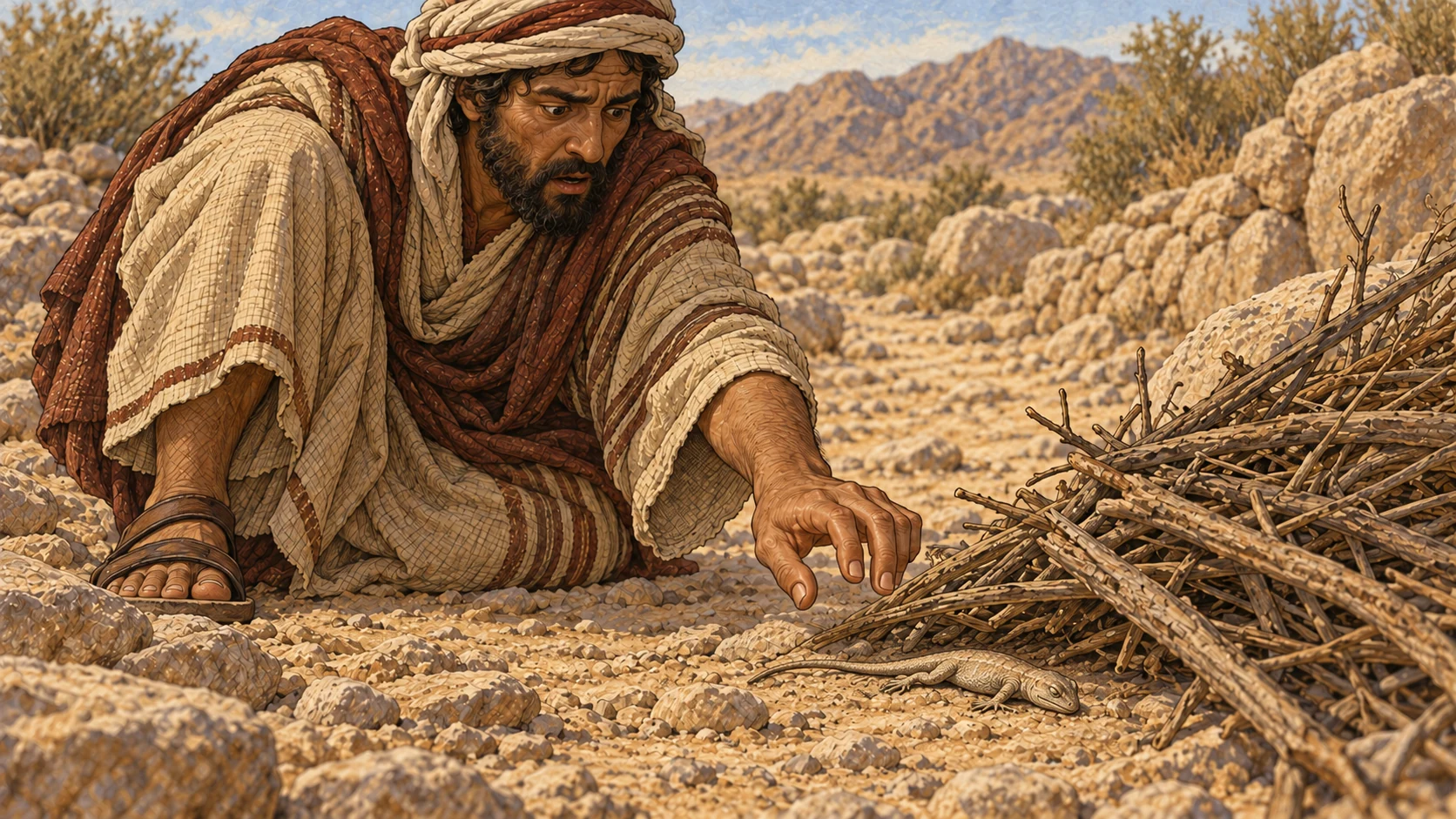 On a stony desert path, an ordinary Israelite recoils after his bare hand accidentally brushes the small lifeless body of an unclean desert creature partly hidden beside a bundle of brushwood. He has just realized the contact. Keep the carcass small, dry, and non-graphic; no blood, decay, or horror.