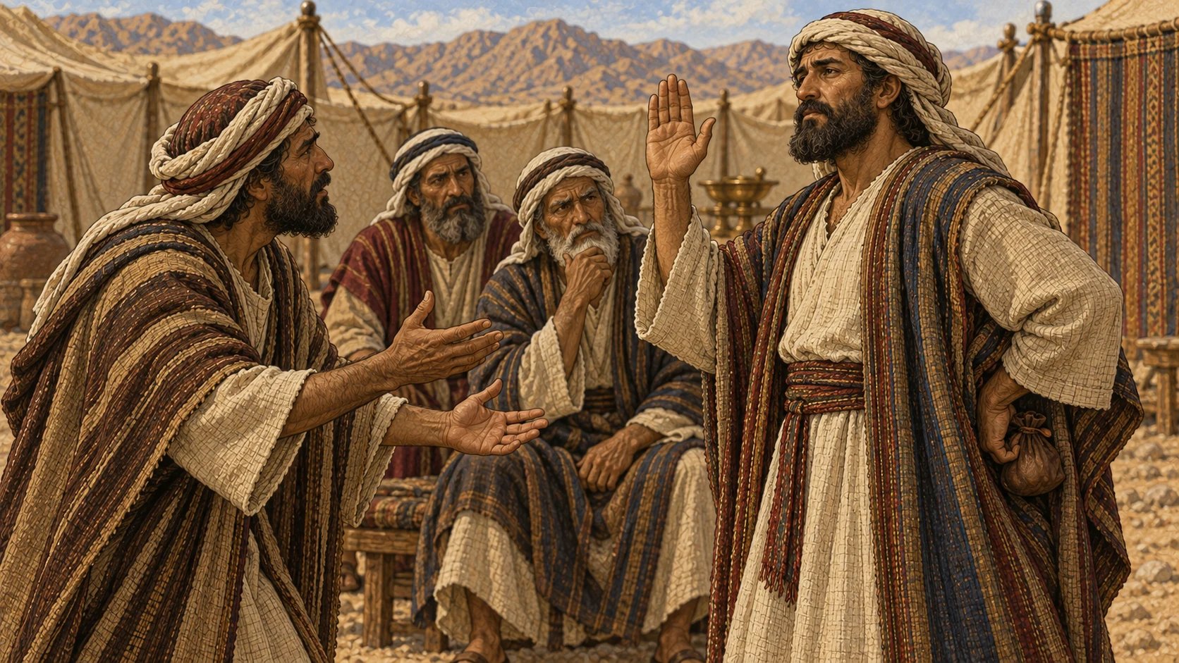 An Israelite secretly grips a neighbor's recognizable lost leather pouch behind his mantle while publicly raising his other hand in a false oath before that neighbor and two elders. The owner looks distressed and the elders attentive. Bronze Age camp setting; no written legal document, text, coins spilling everywhere, violence, or supernatural figure.