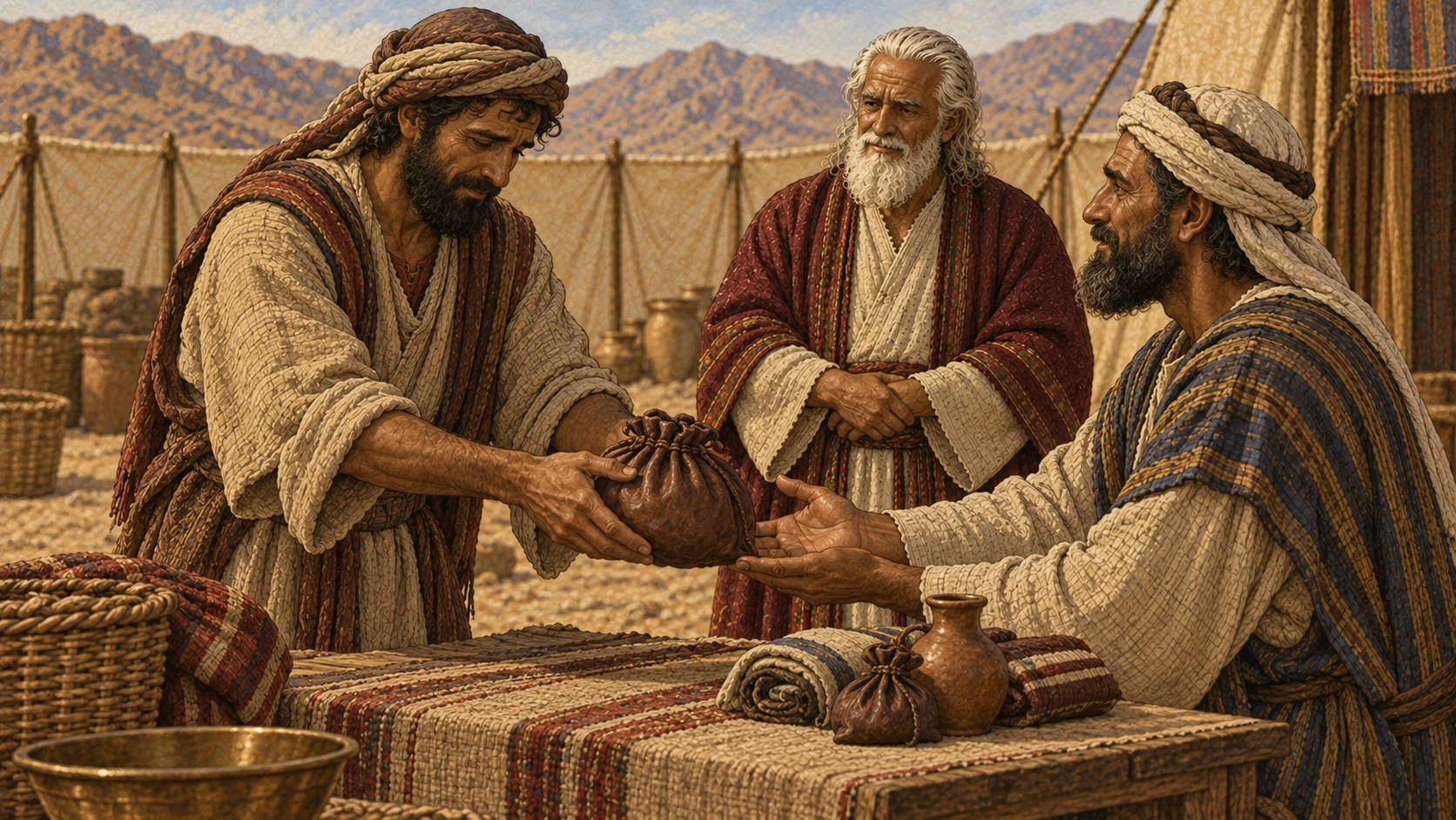 The repentant offender returns the recognizable leather pouch to its owner and openly adds a smaller fifth-share of goods beside the restored property. An elder observes the complete restitution as tension eases between the two adults. No sanctuary rite, animal, written arithmetic, scales, captions, or modern currency.
