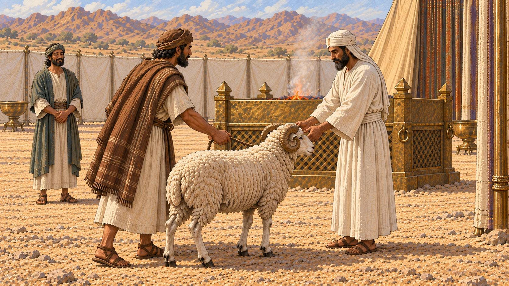 At the sanctuary courtyard, the restored offender presents one flawless horned ram to a white-linen priest beside the broad bronze altar. The neighbor who received restitution stands farther back, peaceful rather than triumphant. Initial offering presentation, emphasizing reconciliation and forgiveness; no blood, blade, wound, carcass, coins, or visible deity.
