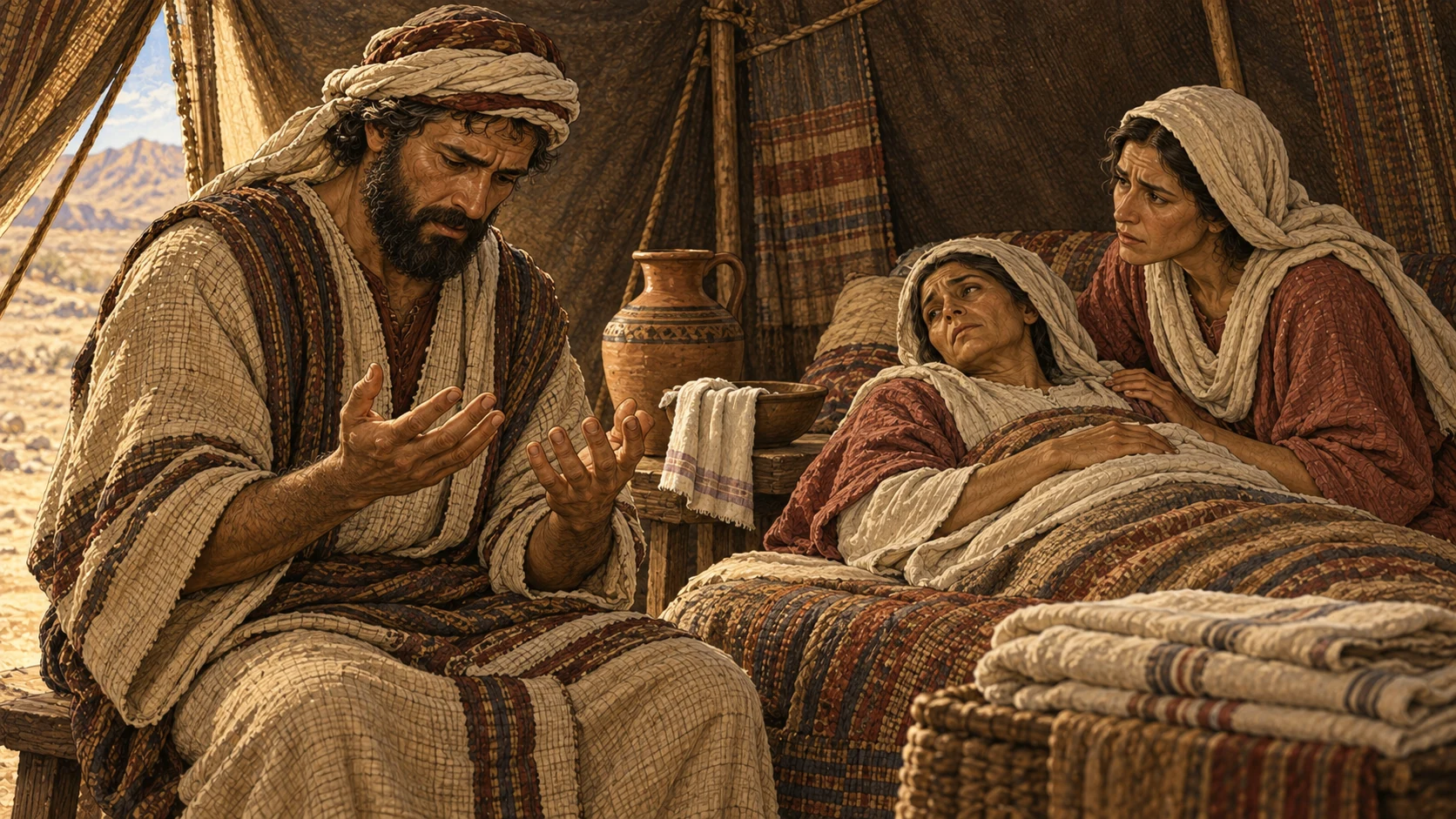 Inside a modest goat-hair tent, an adult Israelite realizes that helping support a visibly unwell family member has made him ceremonially unclean. Their expressions show dawning awareness and concern, with a water jar and folded linens nearby. Treat illness gently; no lesions, gore, childbirth, corpse, or modern medical objects.