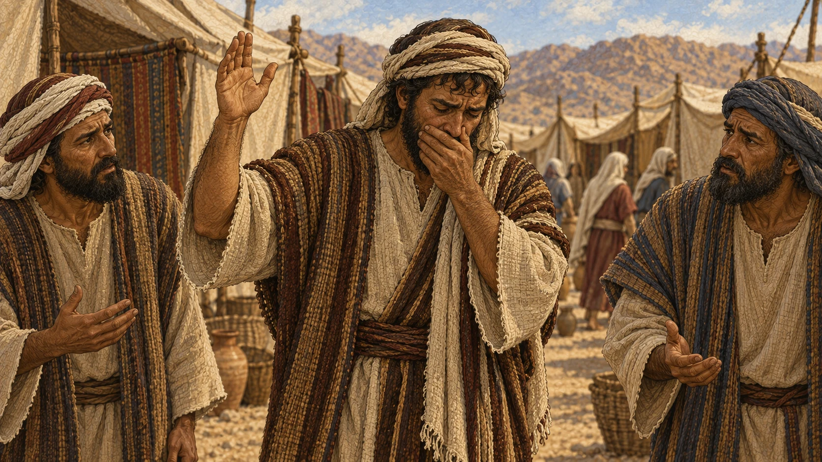 In a camp lane, an adult Israelite freezes in remorse after an impulsive oath, one hand still raised while two neighbors exchange troubled looks. His other hand covers his mouth as he recognizes the weight of his careless words. No written contract, magical effect, violence, or lettering.