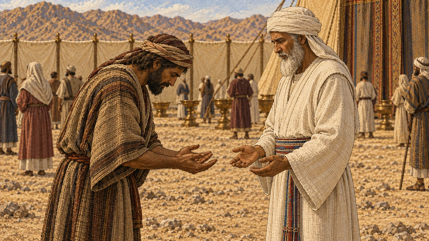 Before the sanctuary courtyard entrance, the guilty Israelite confesses to a plain white-linen priest with open empty hands, bowed head, and sober honesty. The priest listens without accusation. Other worshippers remain distant and indistinct. No animal, altar action, text, or visible deity.