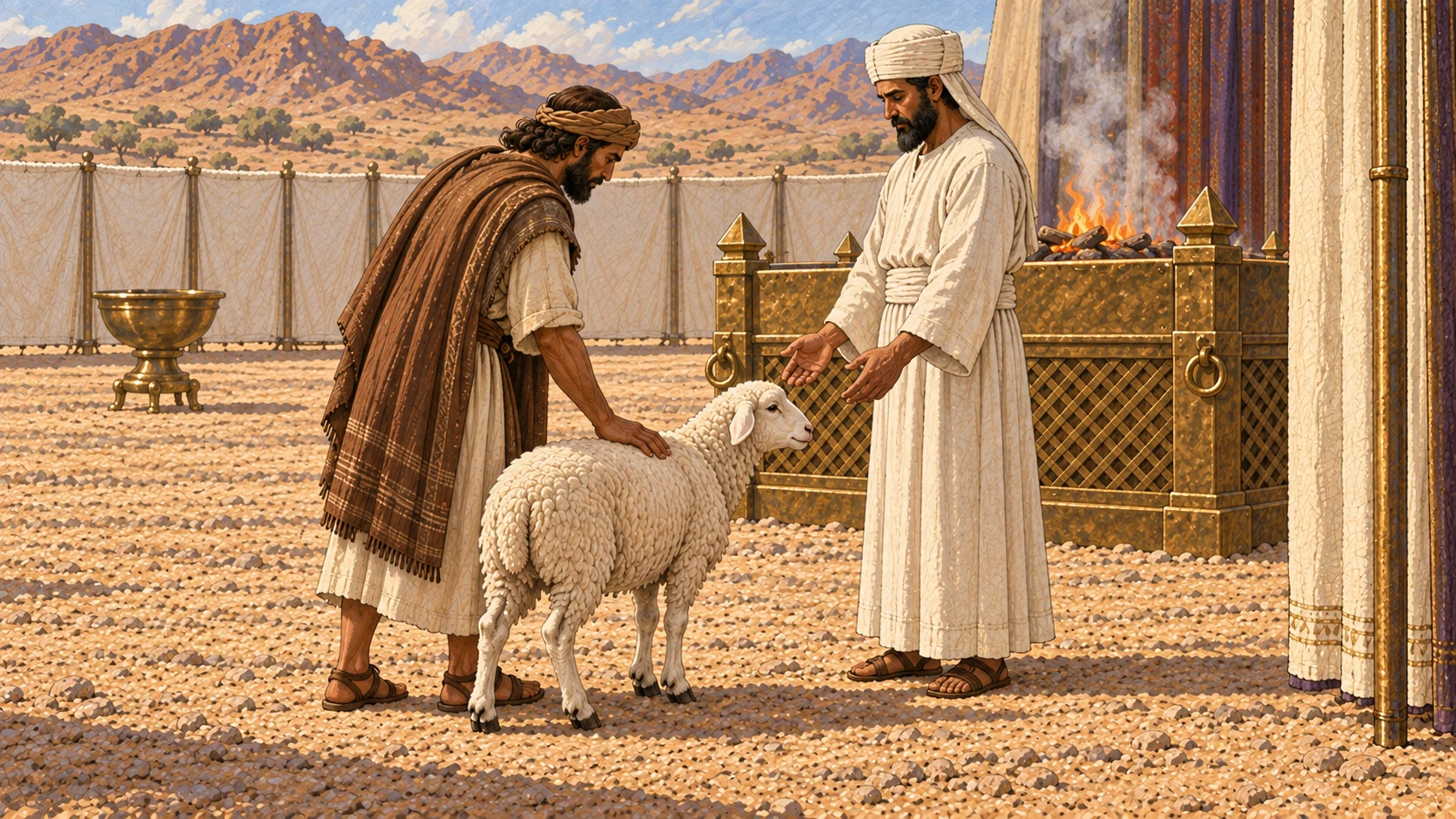 The penitent worshipper presents one healthy living female lamb to a plain white-linen priest beside the bronze altar. Show the ewe clearly without horns or male anatomy, calm and unblemished, while the worshipper rests one gentle hand on her shoulder. Initial presentation phase only; no blade, blood, wound, or carcass.