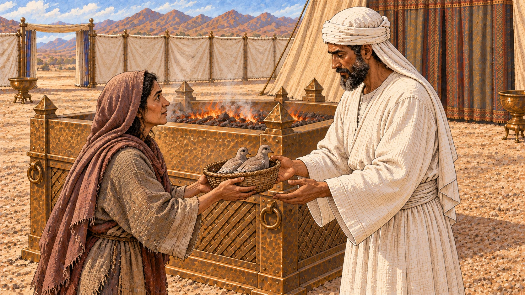 A poor worshipper approaches the sanctuary carrying exactly two living turtledoves in a small open woven basket, one bird beside the other. A white-linen priest receives the offering compassionately near the broad bronze altar. Emphasize humble means and exact count; no additional birds, blood, or ritual action yet.