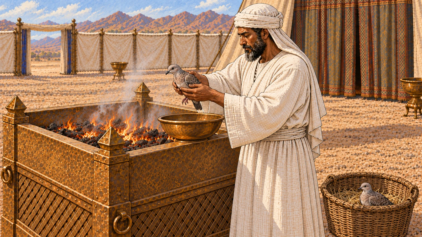 Close three-quarter sanctuary view: a white-linen priest holds the first small turtledove carefully above a shallow bronze bowl at the broad altar, beginning the prescribed sin-offering action. The second living bird remains safely visible in the open basket at ground level. Keep anatomy natural and blood detail minimal; do not show severed parts or gore.