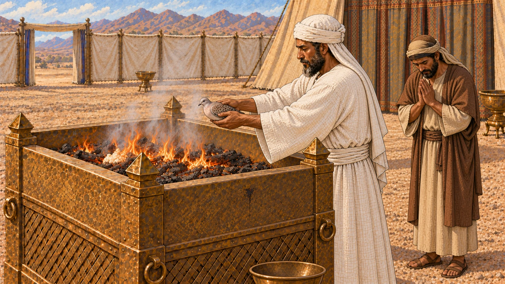 At the broad bronze lattice altar, the white-linen priest presents the second turtledove as a burnt offering over low controlled flames while the humbled worshipper stands behind him in relieved prayer. A tiny restrained dark mark remains on the altar side and a shallow bowl rests at its base. No animal gore, detached parts, dramatic fire, or extra birds.