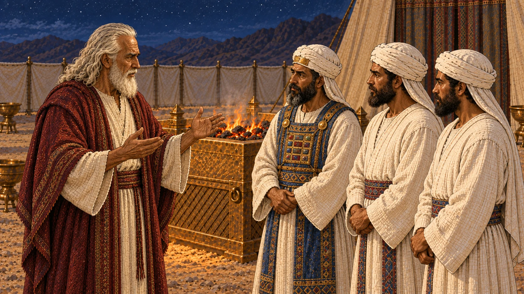 Under a deep blue desert night sky, Moses in cream robe and burgundy mantle instructs Aaron and two adult priestly sons beside the sanctuary courtyard. Behind them, the broad bronze lattice altar holds a low steady burnt offering fire that remains on its hearth. Warm firelight, watchful solemnity, no animal body, blood, dramatic blaze, or supernatural figure.